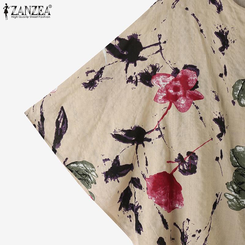 ZANZEA Women Casual Crew Neck Cape Shape Short Sleeve Print Blouse