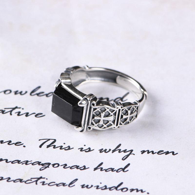 Yintai Versatile Unisex Thai Silver Black Agate Adjustable Ring - Trendy Retro Jewelry Ornament