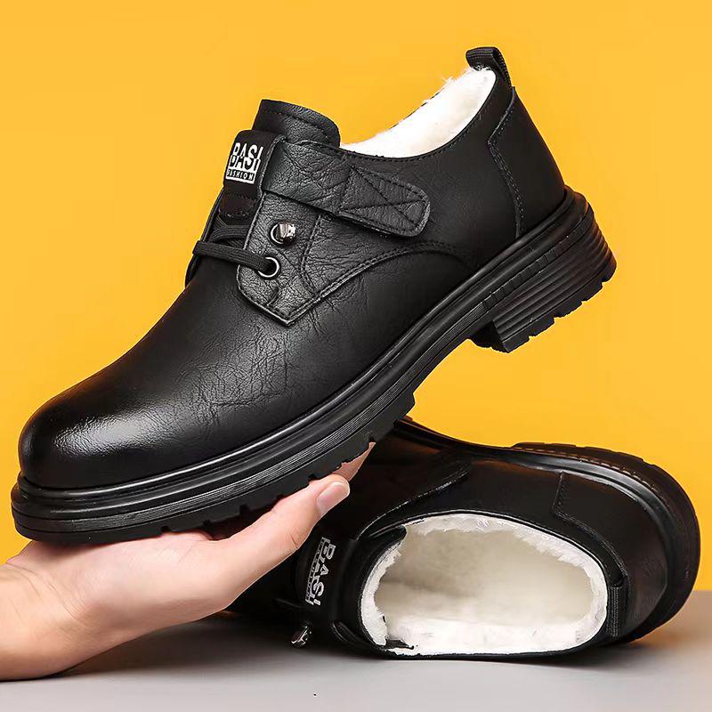 2024 Men's Winter Leather Shoes: Warm, Non-slip, Velcro, Thick Sole, Casual British Workwear Style