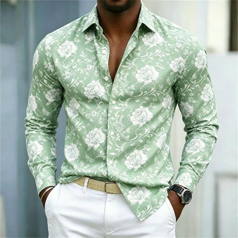2026 Nuova Camicia da Uomo Stile Europeo e Americano Camicia Floreale Rosa Rossa Uomo Slim Fit Manica Lunga Stile Casual da Vacanza