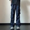 Men Cargo Pants Mid-rise Drawstring Multi Pockets Design Leisure Trousers Solid Color Wide Leg Outdoor Camping Pants Plus Size