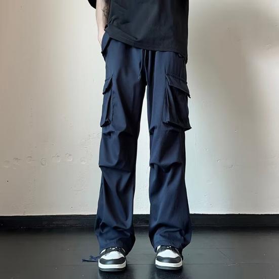 Men Cargo Pants Mid-rise Drawstring Multi Pockets Design Leisure Trousers Solid Color Wide Leg Outdoor Camping Pants Plus Size