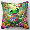 1Pc Cartoon Frog Holding Flowers Butterfly Throw Pillow Cover,Suitable For Bedroom,Living Room,A Healing Gift For Nature Lovers
