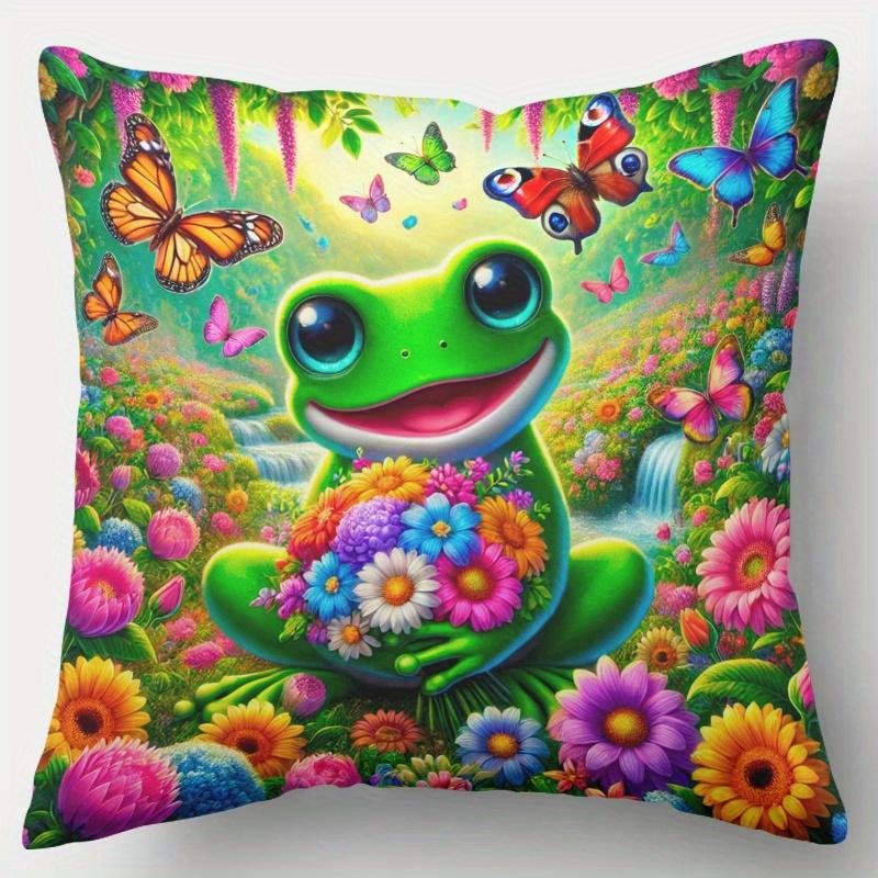 1Pc Cartoon Frog Holding Flowers Butterfly Throw Pillow Cover,Suitable For Bedroom,Living Room,A Healing Gift For Nature Lovers
