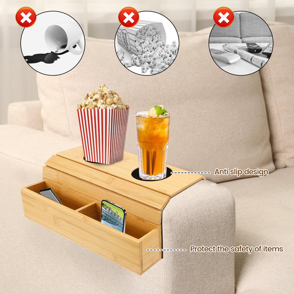Bambus Sofa Armlehnen Tablett Faltbar Couch Getränkehalter Anti-Rutsch für Getränke Snacks Fernbedienung Zeitschriftenhalter