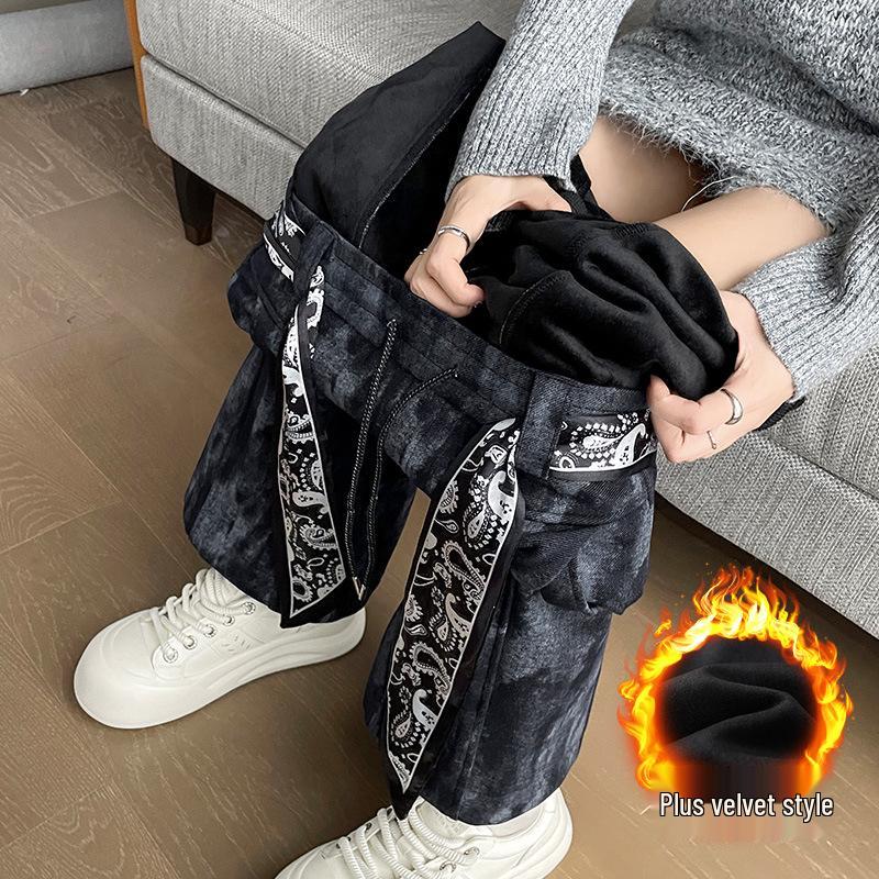 2023 Autumn/Winter Women s Tie-Dye Fleece-Lined High-Waist Wide-Leg Pants - Trendy, Casual, Straight-Leg Style 2XL
