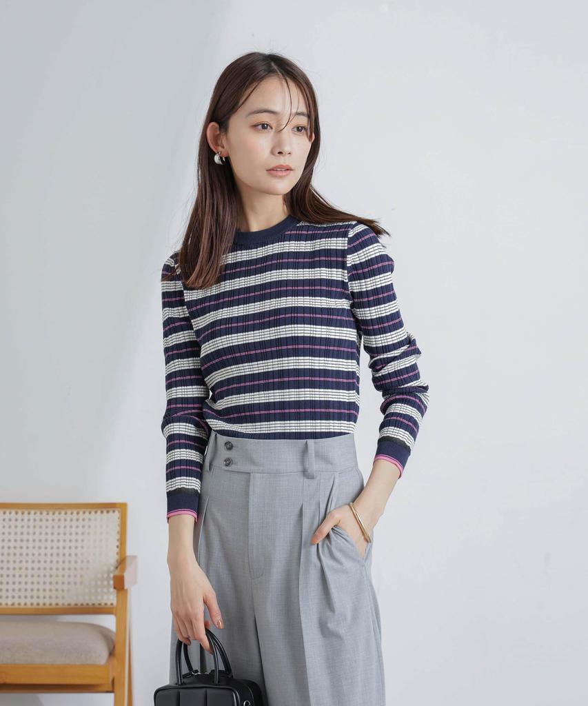 Nano Universe Random Rib Border Knit Top be paired with other Medium Navy (Can items)