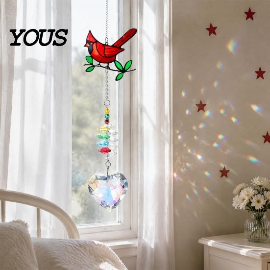 Weather Resistant Outdoor Decor Faux Crystal Red Bird Suncatcher with Chain, Window Hanging Ornament Colorful Bead for Home Prism Heart Pendant,