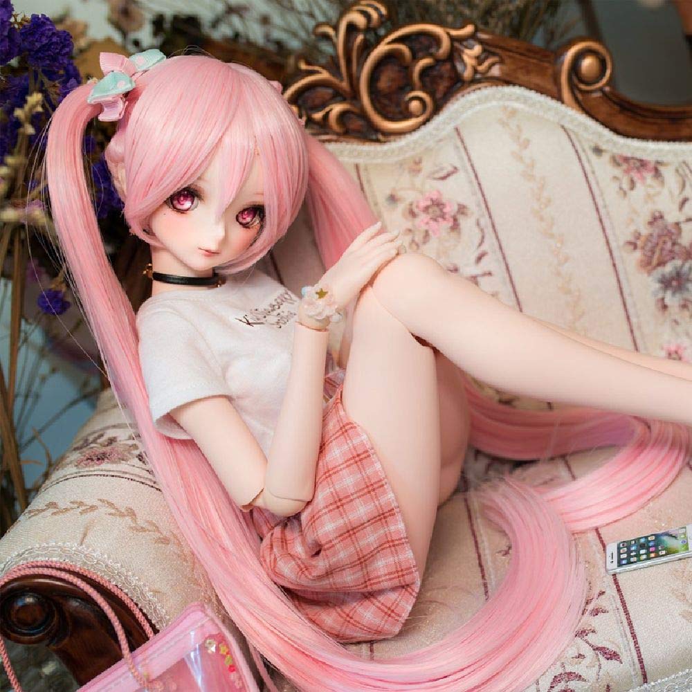YR EARTH Heat-Resistant Doll Wig, 8-9 Inch, Long Twin Tail Hair, 1/3 Scale, BJD, SD, DD, MDD, S200 (Sakura Pink)