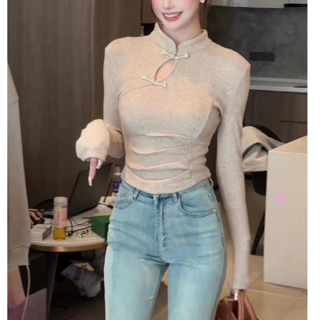 Women's Early Spring Chinese Style Stand Collar Frog Button Long Sleeve Slim Fit Shirt