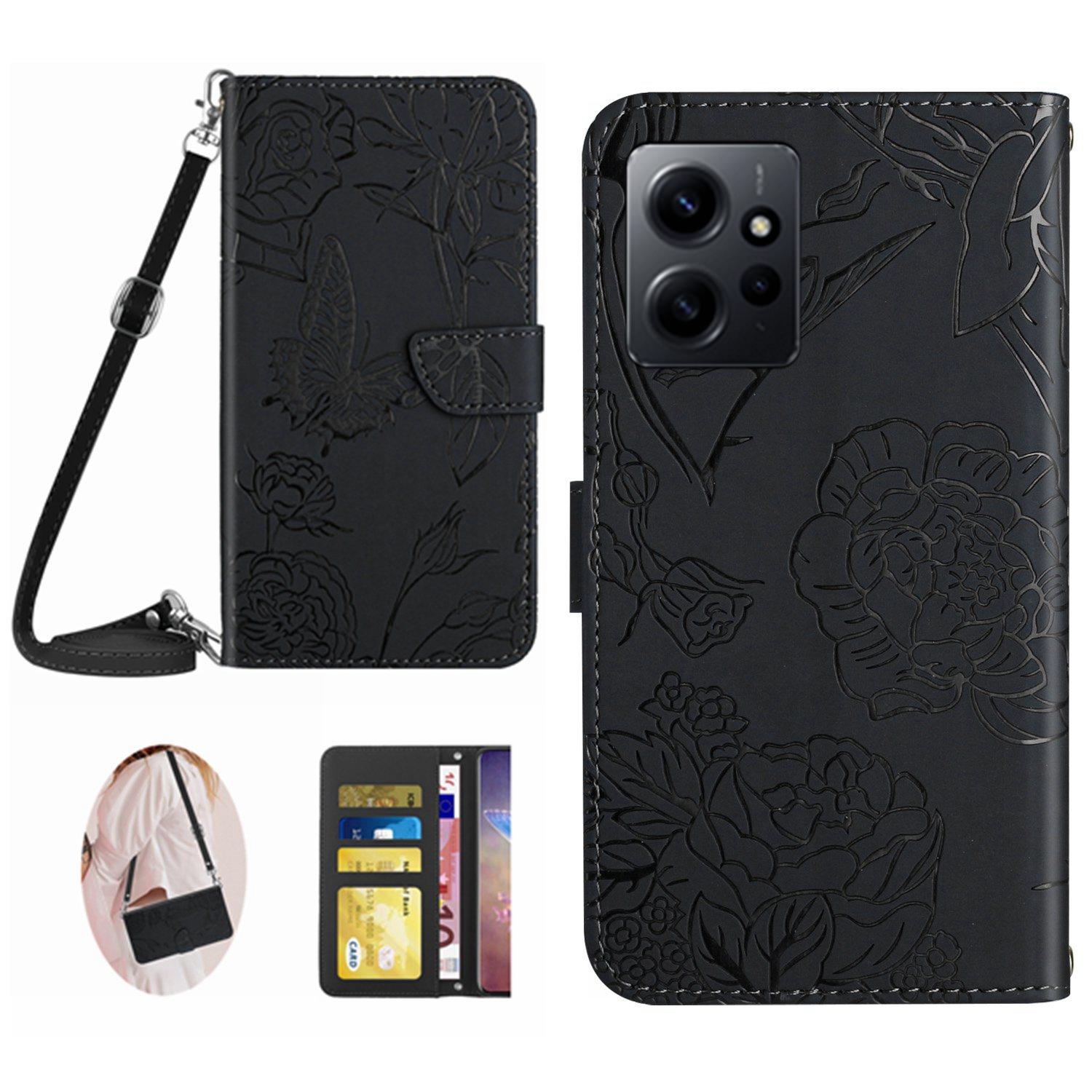 

HT03 For Xiaomi Redmi Note 12 4G Skin-touch Butterfly Flowers Imprinted Wallet Stand Case Leather Cover with Shoulder Strap Black