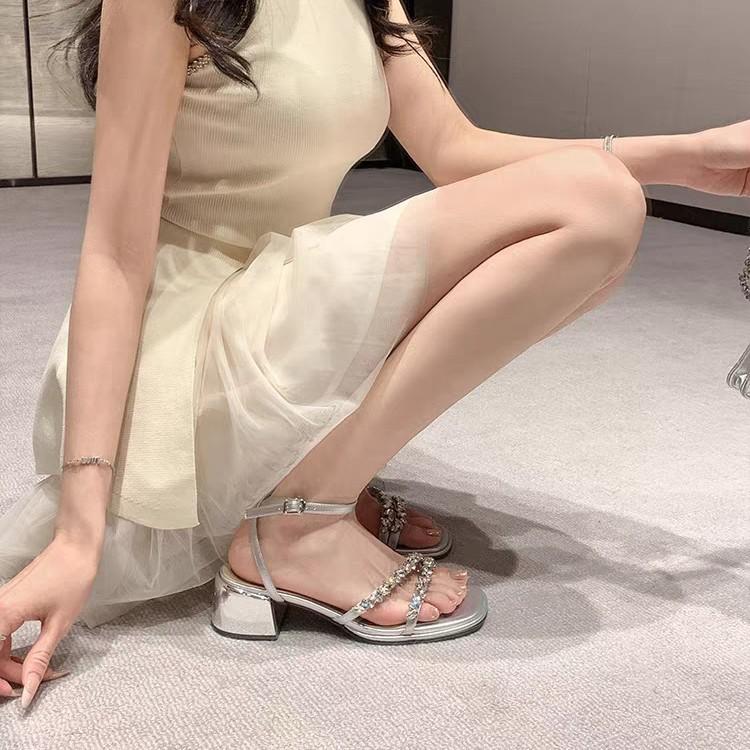 [Shei Su Yinyin] Rock Sugar Fairy~ 5CM French Rhinestone with Open-toed Thick High-heeled Sandals Women's Wedding Shoes