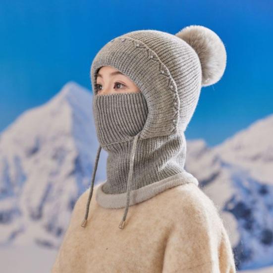 Women Windproof Knitted Hat with Fleece Lining 3-in-1 Hooded Scarf Cold Weather Skiing Hiking Headgear