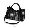 Women's Canvas and Genuine Leather Tote Bag Plaid Design Top Grain Cowhide Shoulder Handbag for Everyday Use Black and White