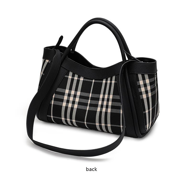Women's Canvas and Genuine Leather Tote Bag Plaid Design Top Grain Cowhide Shoulder Handbag for Everyday Use Black and White