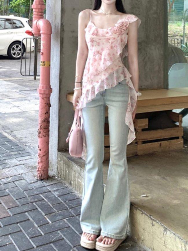 

Персиковые девчачьи джинсы клеш из эластичного денима с высокой талией и эффектом похудения Large синий