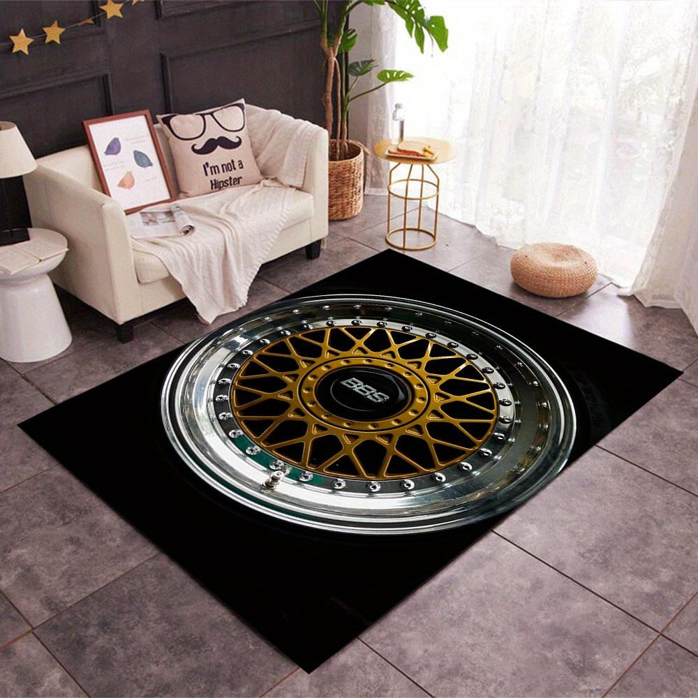 Gold Wheel Area Rug Realistic Rim Print NonSlip Floor Mat for Game Room Office Man Cave Automotive Enthusiast Decor