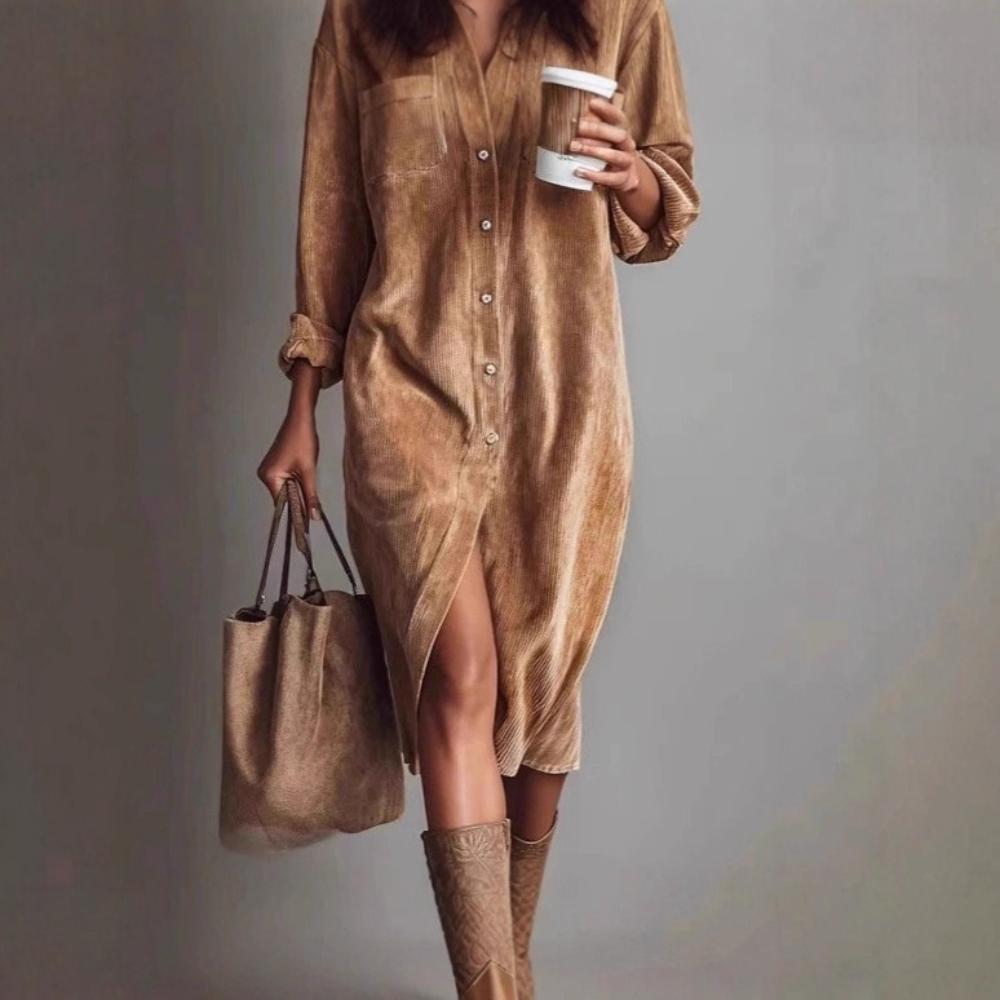 Women's Turn Down Collar Long Sleeve Loose Fit Corduroy Shirt Dress With Button Detail High Waist Solid Color Autumn Casual Commuter Midi Dress Outfit