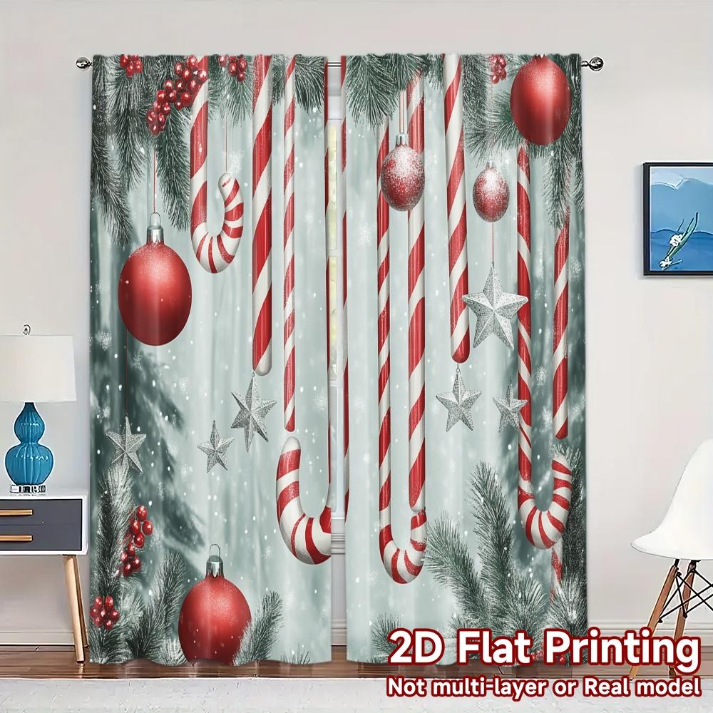 2pcs,Curtains Christmas Candy Cane Ornaments Snow (3) Pattern Popular Curtains Versatile 100% Polyester Curtains Thermal