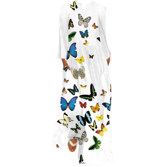 

Женское платье макси, винтажное платье с принтом бабочки, большие размеры, с длинным рукавом, V-образным вырезом, свободный подол, до щиколотки, мягкое дышащее женское длинное платье трапециевидной формы L разноцветный