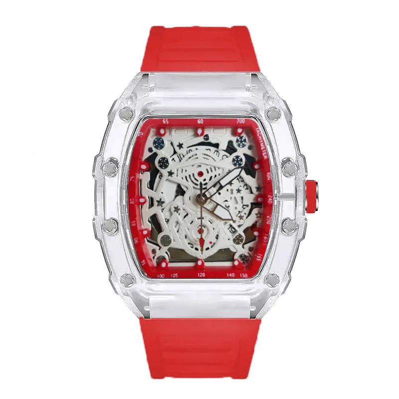 Tonneau Fashion Quartz Watch Men Transparent Shape Casual Luxury Waterproof Rubber Strap Male Watches Men AAA Clock Relogio