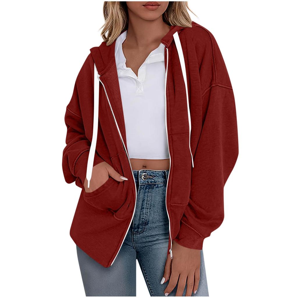 Women's Fashionable Solid Color Long Sleeved Hooded Sweatshirt With Loose Zipper Pocket Jacket