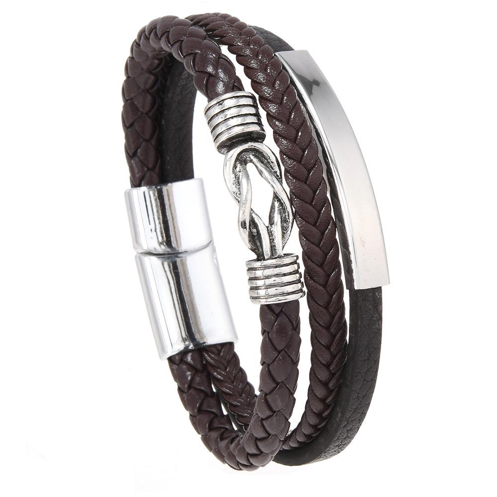 Retro Curved Tube Stainless Steel Layered Punk Knotted Men's Leather Bracelet