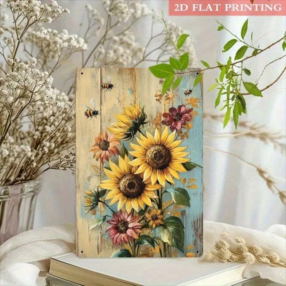Vintage Sunflower Bee Metal Wall Art 20x30cm Rustic Farmhouse Porch Decor Tin Sign