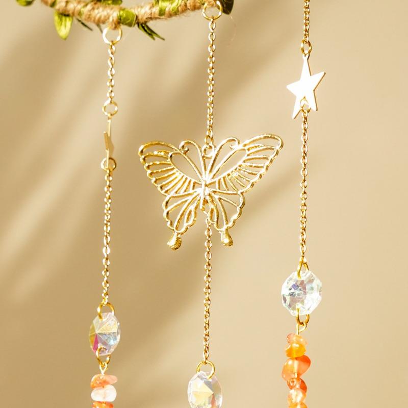 Handmade Crystal and Plastic Wind Chime Accessories Big Moon Design Leaf Decor Hemp Rope Tied for Garden Decoration Crystal