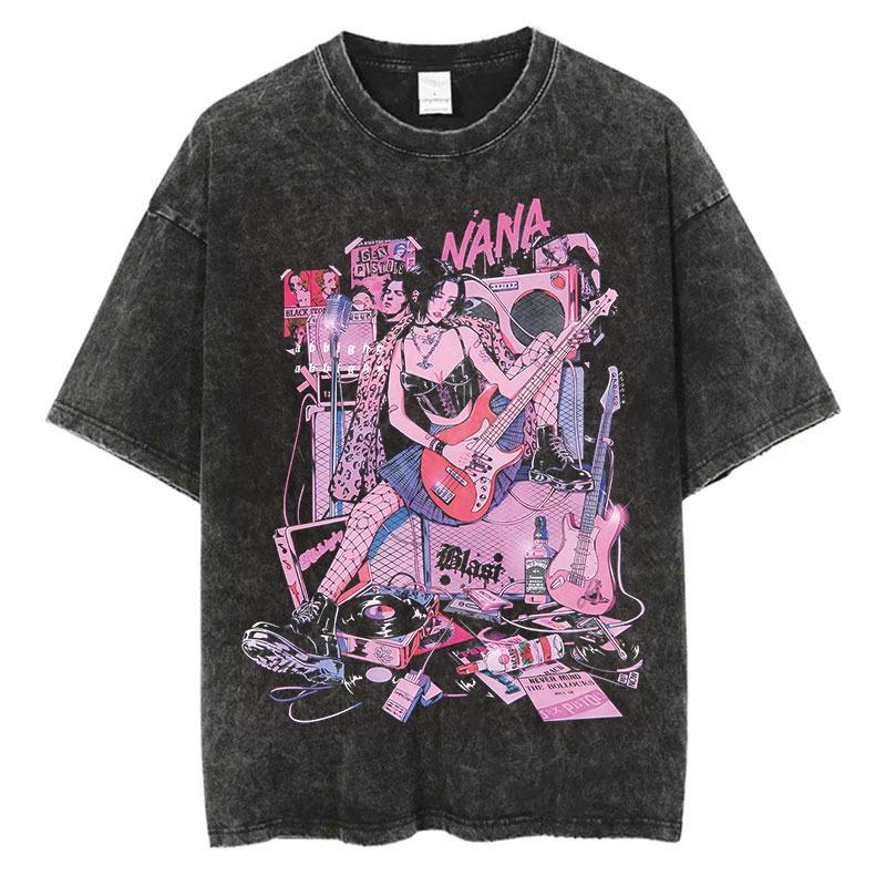 Japanese Anime Nana Osaki Print Vintage Washed Tshirt Harajuku Streetwear Graphic T-Shirt Summer Short SleeveTshirt