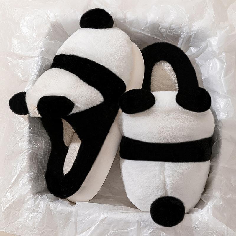 Winter cartoon cute panda plush bag head cotton slippers home indoor warm confinement soft-soled shoes couple