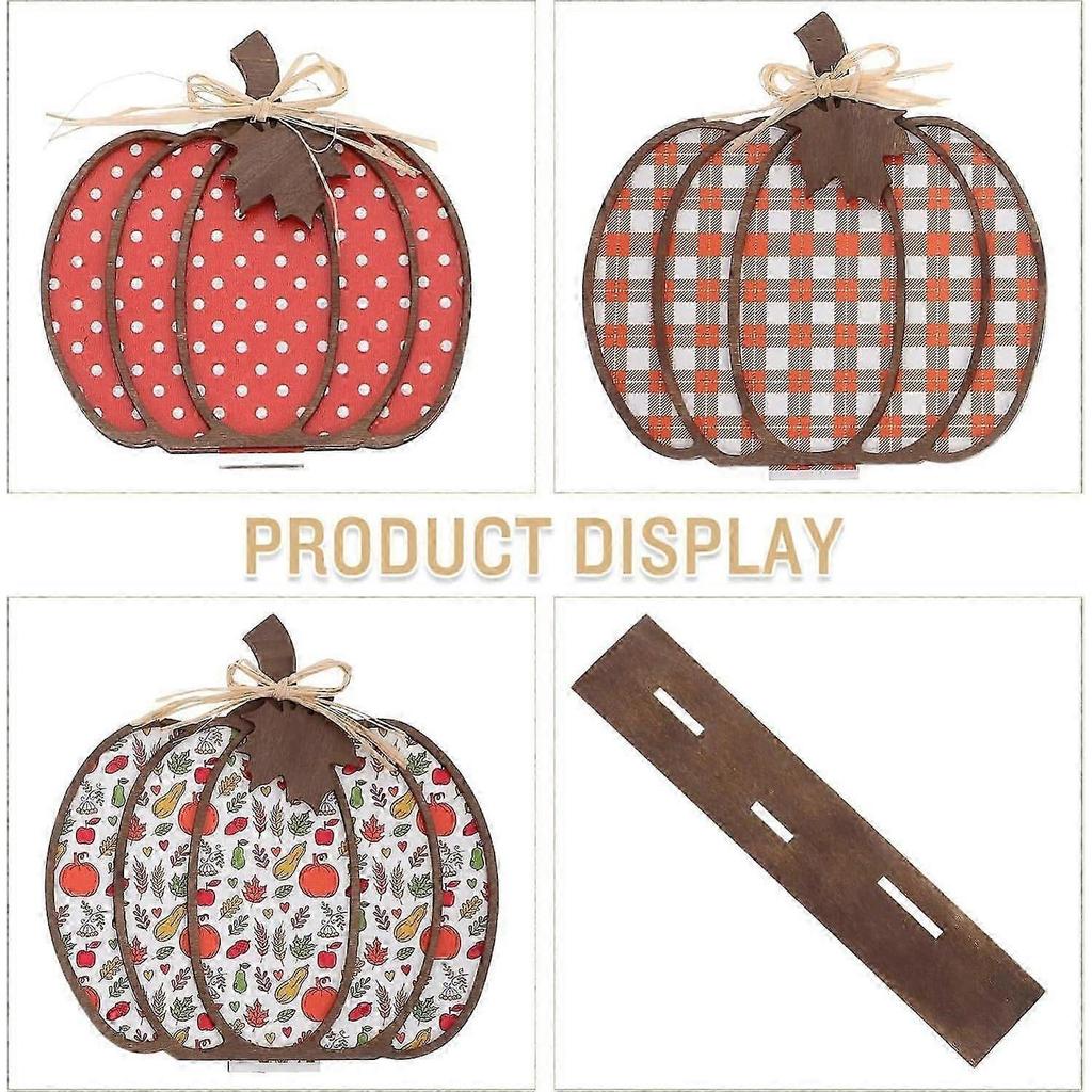 Thanksgiving Halloween Wooden Pumpkin Decoration, Table Block Autumn Plaid Wood Stand Fall Tiered Tray Decoration