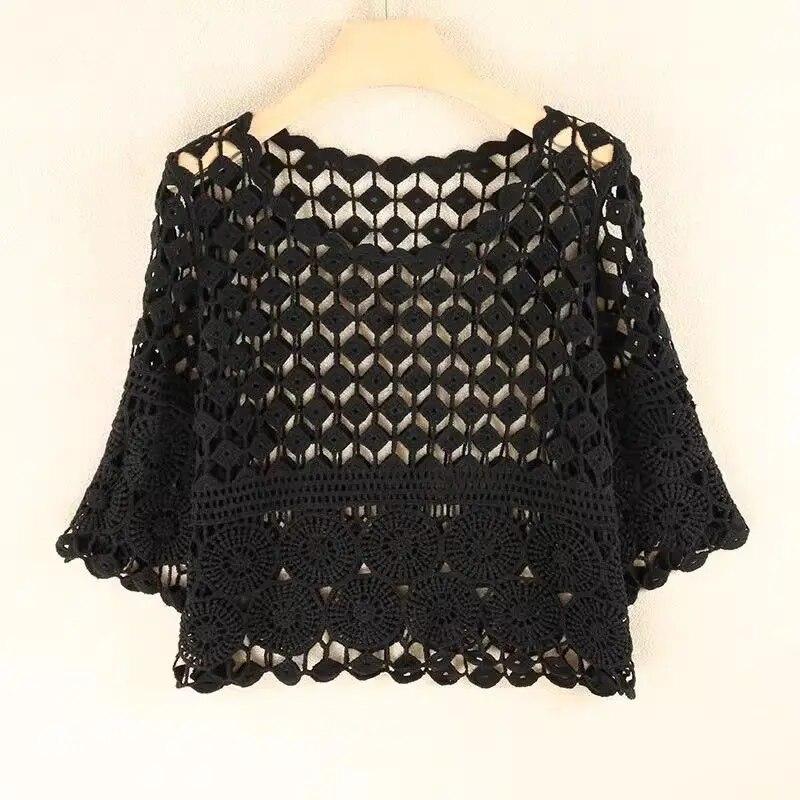 Short Hollow Sexy Round Neck Knitted Cover Up Shirt for Women, Versatile and Loose Fitting, Slimming , Stylish, Clothing