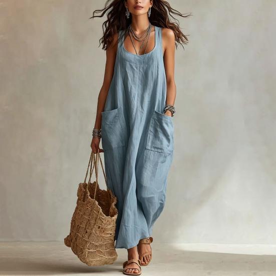 Summer Maxi Dresses for Women, Square Neck Sleeveless Casual Loose Long Dress, Beach Vacation Sundress with Pockets