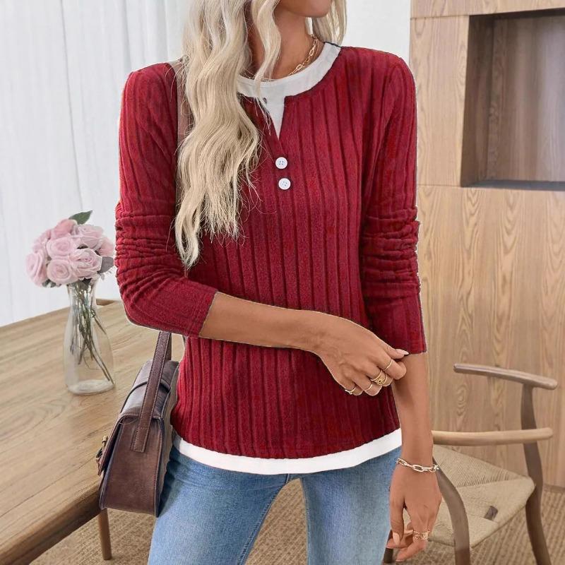 Button Pullover Grinding Contrast Color Slim Long-sleeved T-shirt Autumn Winter New Product for Women Fake Two-piece Round Neck