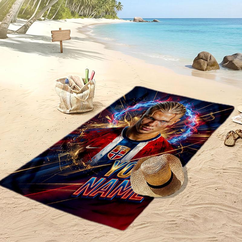 Asciugamano da Spiaggia Personalizzato Stampato Erling Haaland Logo Calcio Supporto Nome Personalizzato Testo Asciugamano Assorbente Per Sport Viaggio Regalo Speciale
