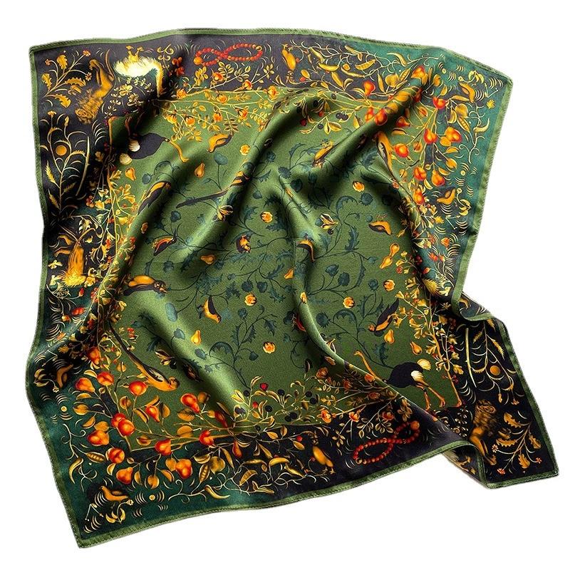 53Cm Square Pure Silk Square Scarf Vintage Print 100% Mulberry Silk Decorative Green Necktie Small Neckerchief For Women