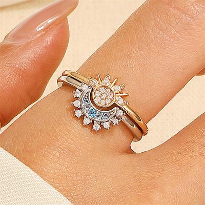 Adjustable Sun and Moon Overlapping Wear Ring for Women Girls Sparkling Couple Rings Set Finger Wedding Jewelry Gifts