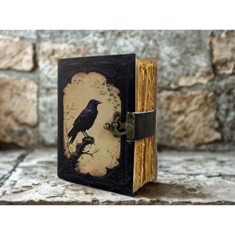 Raven Leather Journal, Handmade Gothic Book of Shadows, Deckle Edge Paper