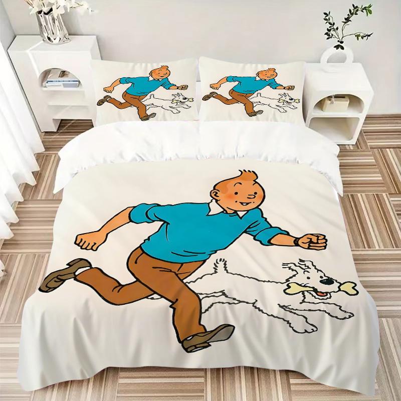 Tim und Struppi Abenteuer Schnee-Print 3-teiliges Bettwäsche-Set Bettbezug mit 2 Kissenbezügen Zuhause Geburtstagsgeschenk