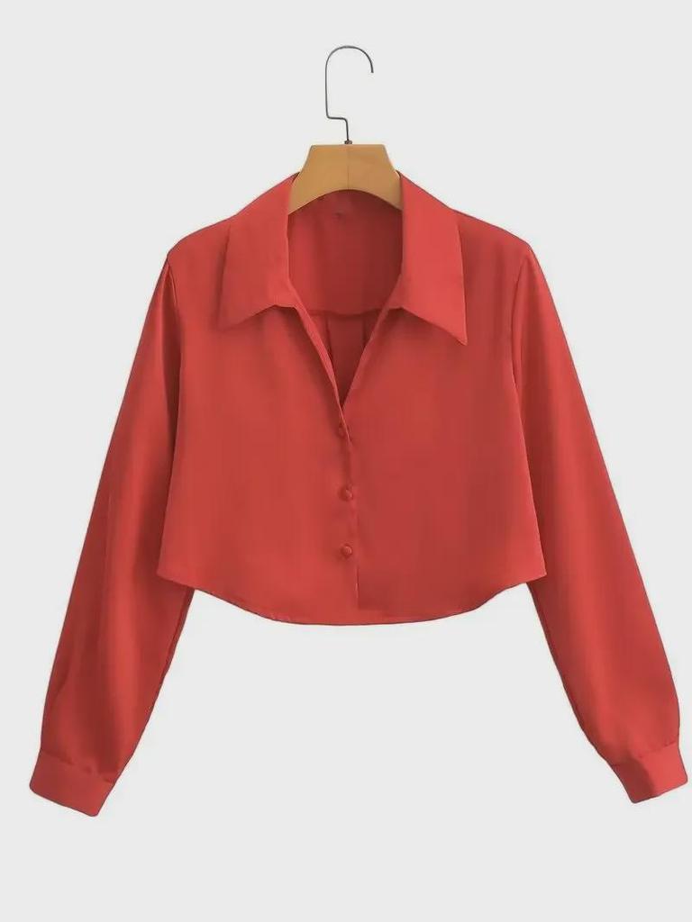 2025 Women's Summer Satin Silk Long-Sleeve Short Shirt - European & American Style