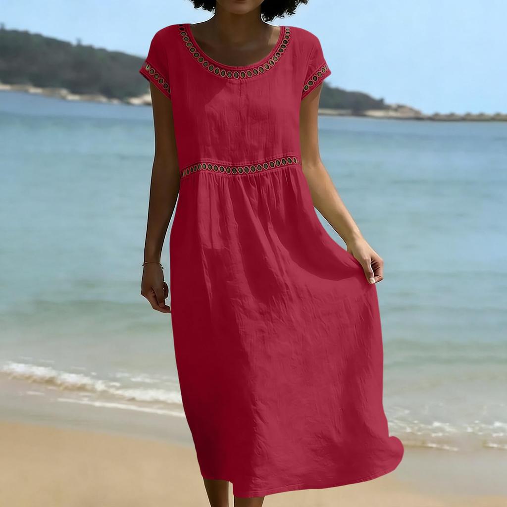 Women Casual Embroidered Trim Round Neck Midi Dress Cotton Linen Short Sleeve Loose Fit Summer Style Comfortable