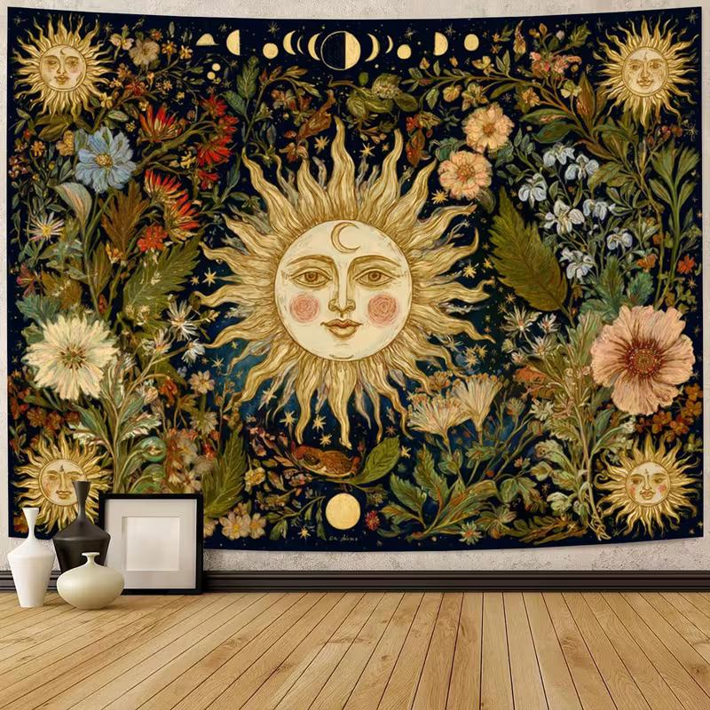 2D Sun Face Tapestry 2D Printing Floral Moon Phases Living Room Bedroom Wall Decor