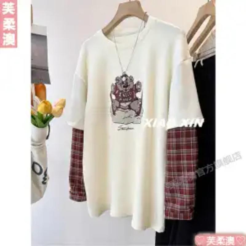 

Модная корейская футболка с двусторонним принтом медведя, повседневная клетчатая рубашка с рукавами, свободный и универсальный топ с круглым вырезом для женщин L абрикосовый