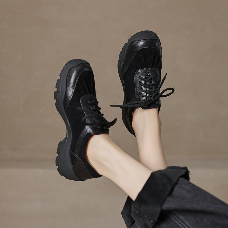 Krazing Pot Suede Round Toe Thick Nottom Lace Up Summer Autumn Leisure Shoes Big Size 42 Women Sneaker