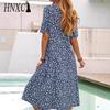 HNXC Women's Fashion Summer Spring Solid Color Print Short Sleeve O-Neck High Waist Casual Dresses