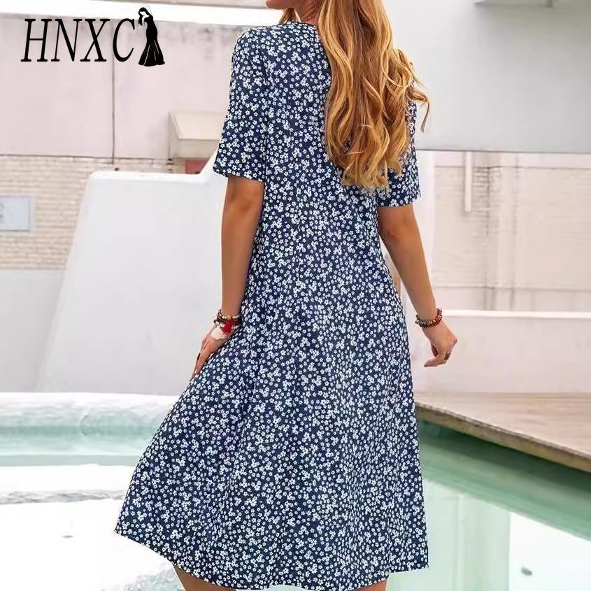 HNXC Women's Fashion Summer Spring Solid Color Print Short Sleeve O-Neck High Waist Casual Dresses