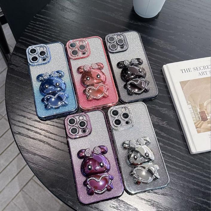 iPhone 17 Rhinestone Gradient Case with Diamond Rabbit Stand for Apple 16 Pro Max - Glitter Shockproof Case for iPhone 15