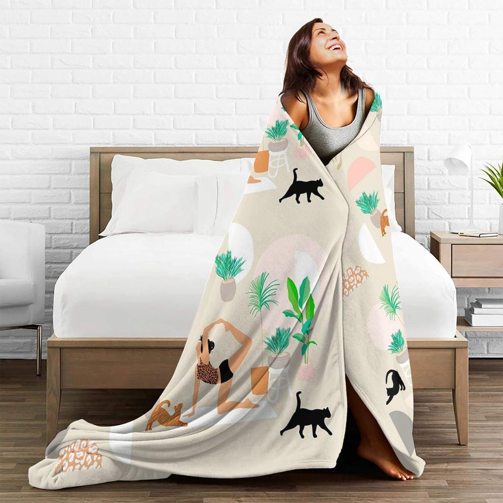 Mid Century Modern Yoga Pattern With Cats Blankets Soft Warm Flannel Throw Blanket Plush for Bed Living room Picnic Travel Home