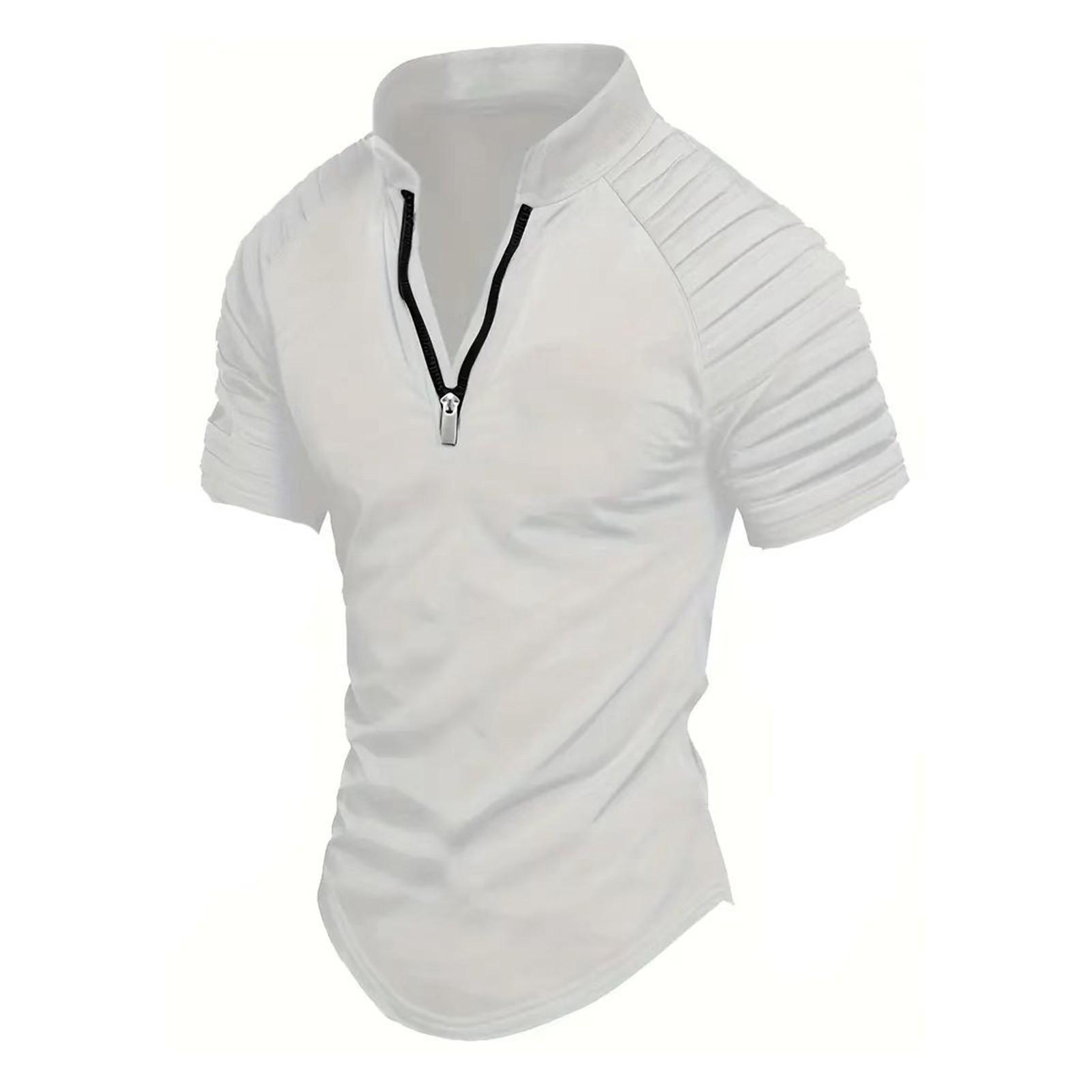 

Мужская летняя однотонная плиссированная рубашка для гольфа на молнии с коротким рукавом реглан, повседневная модная рубашка для мужчин XL белый